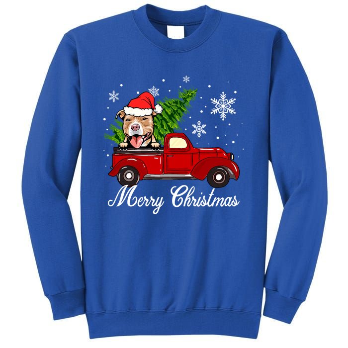 Pitbull Dog Riding Red Truck Christmas Decorations Pajama Gift Tall Sweatshirt