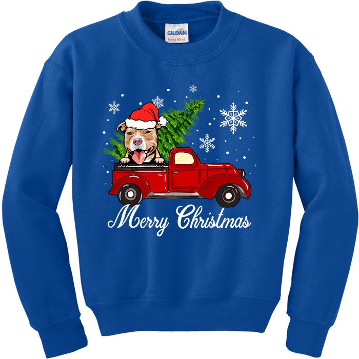 Pitbull Dog Riding Red Truck Christmas Decorations Pajama Gift Kids Sweatshirt