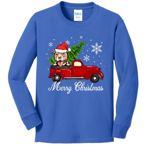 Pitbull Dog Riding Red Truck Christmas Decorations Pajama Gift Kids Long Sleeve Shirt