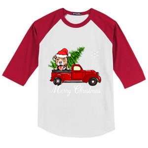 Pitbull Dog Riding Red Truck Christmas Decorations Pajama Gift Kids Colorblock Raglan Jersey