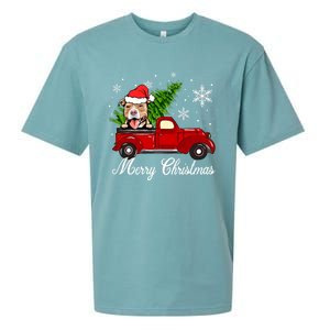 Pitbull Dog Riding Red Truck Christmas Decorations Pajama Gift Sueded Cloud Jersey T-Shirt