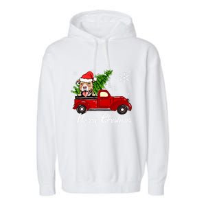 Pitbull Dog Riding Red Truck Christmas Decorations Pajama Gift Garment-Dyed Fleece Hoodie