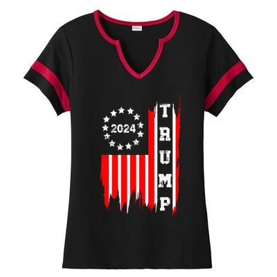 Patriotic Distressed Retro Vintage American Flag Trump 2024 Ladies Halftime Notch Neck Tee