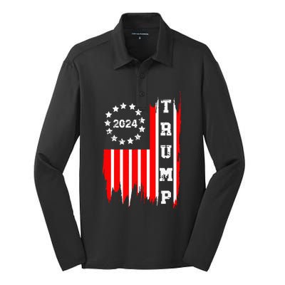 Patriotic Distressed Retro Vintage American Flag Trump 2024 Silk Touch Performance Long Sleeve Polo