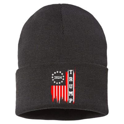 Patriotic Distressed Retro Vintage American Flag Trump 2024 Sustainable Knit Beanie