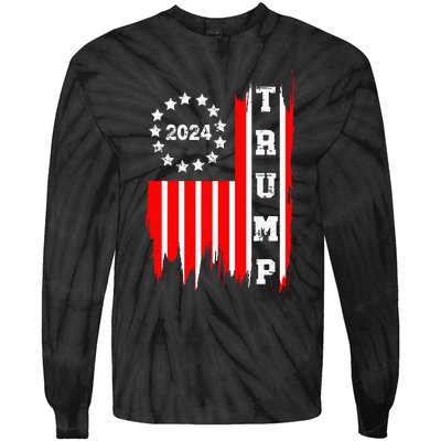 Patriotic Distressed Retro Vintage American Flag Trump 2024 Tie-Dye Long Sleeve Shirt