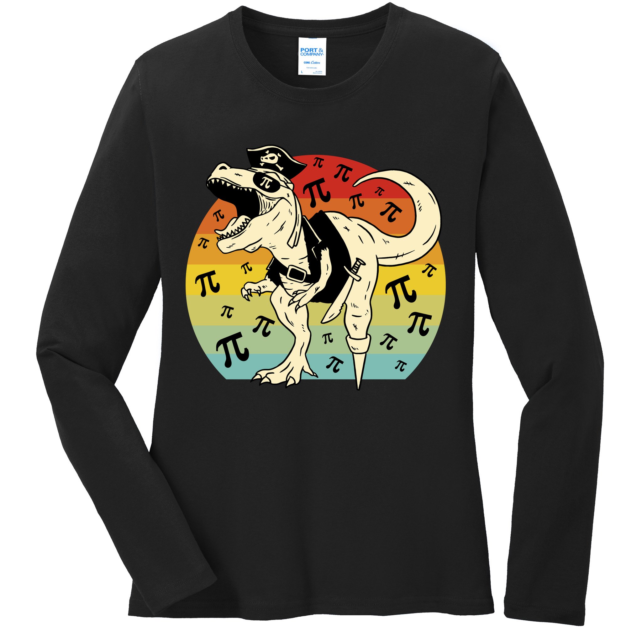 Pirate Dinosaur Retro Sunset Pi 3.14159 Ladies Long Sleeve Shirt