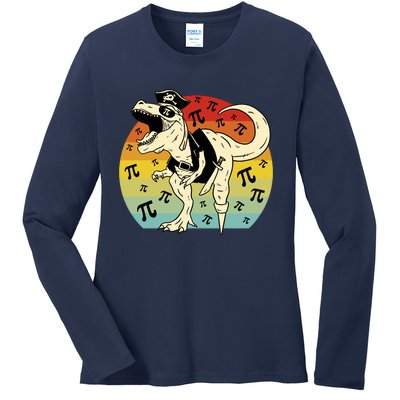 Pirate Dinosaur Retro Sunset Pi 3.14159 Ladies Long Sleeve Shirt