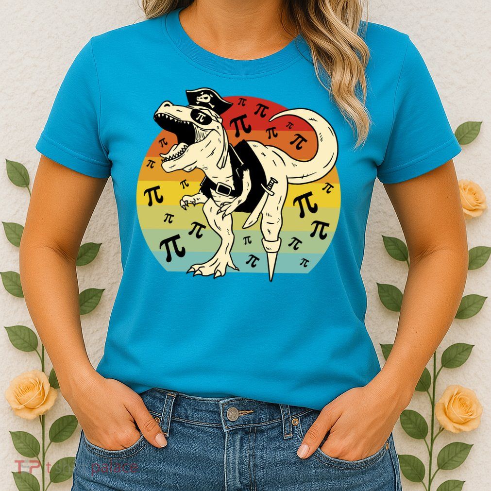 Pirate Dinosaur Retro Sunset Pi 3.14159 Womens T-Shirt