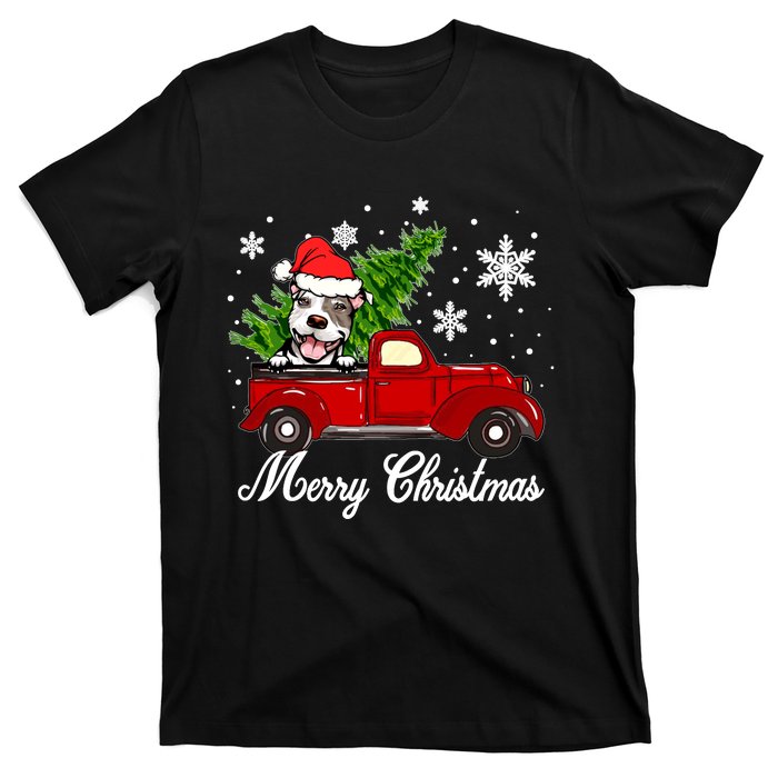 Pitbull Dog Riding Red Truck Christmas Decorations Pajama Sweatshirt T-Shirt