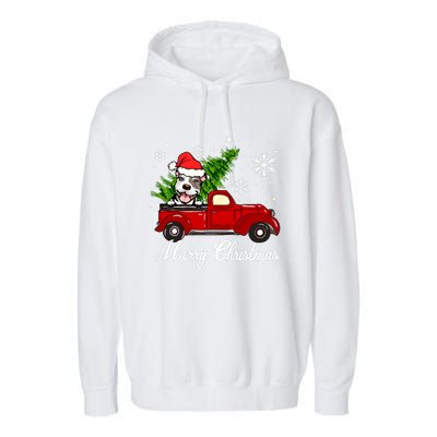 Pitbull Dog Riding Red Truck Christmas Decorations Pajama Sweatshirt Garment-Dyed Fleece Hoodie