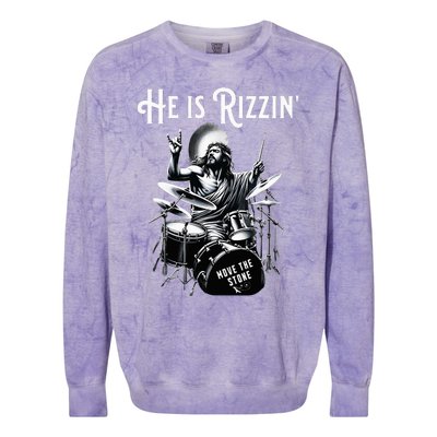 Percussion Drum Rizz He Is Rizzin Jesus Drumming Colorblast Crewneck Sweatshirt