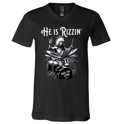 Percussion Drum Rizz He Is Rizzin Jesus Drumming V-Neck T-Shirt