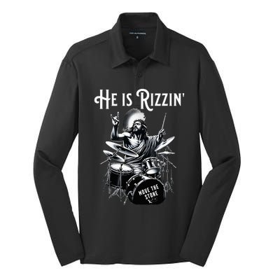 Percussion Drum Rizz He Is Rizzin Jesus Drumming Silk Touch Performance Long Sleeve Polo