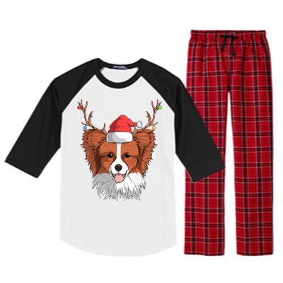 Papillon Dog Santa Claus Hat Christmas Xmas Reindeer Gift Raglan Sleeve Pajama Set