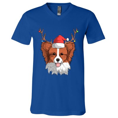 Papillon Dog Santa Claus Hat Christmas Xmas Reindeer Gift V-Neck T-Shirt