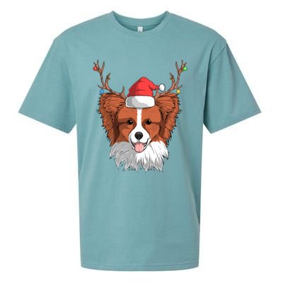 Papillon Dog Santa Claus Hat Christmas Xmas Reindeer Gift Sueded Cloud Jersey T-Shirt