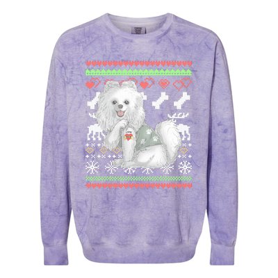 Pomeranian Dog Santa Claus Ugly Christmas Pattern Long Sleeve Colorblast Crewneck Sweatshirt