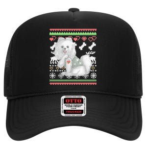 Pomeranian Dog Santa Claus Ugly Christmas Pattern Long Sleeve High Crown Mesh Back Trucker Hat