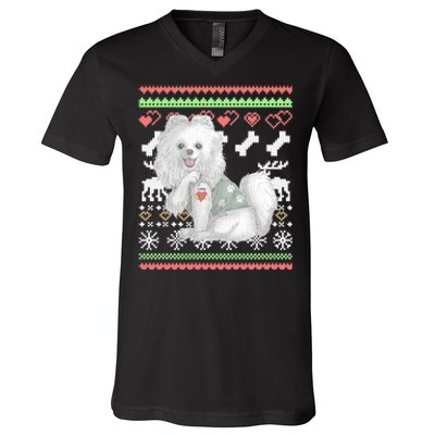 Pomeranian Dog Santa Claus Ugly Christmas Pattern Long Sleeve V-Neck T-Shirt