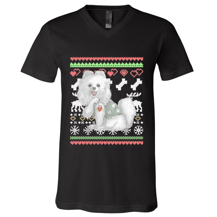 Pomeranian Dog Santa Claus Ugly Christmas Pattern Long Sleeve V-Neck T-Shirt