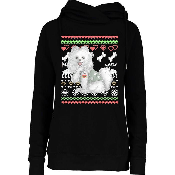 Pomeranian Dog Santa Claus Ugly Christmas Pattern Long Sleeve Womens Funnel Neck Pullover Hood