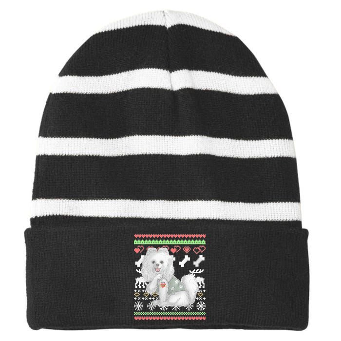 Pomeranian Dog Santa Claus Ugly Christmas Pattern Long Sleeve Striped Beanie with Solid Band