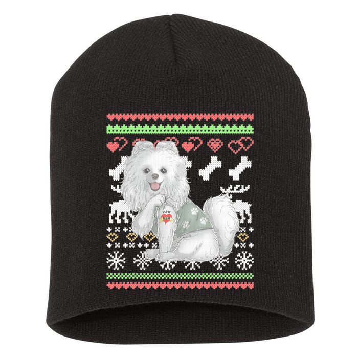 Pomeranian Dog Santa Claus Ugly Christmas Pattern Long Sleeve Short Acrylic Beanie