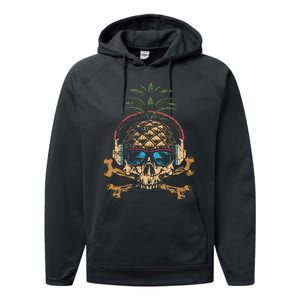 Pineapple DJ Skull Summer Vibes Gamer Hawaiian Sunglasses Performance Fleece Hoodie