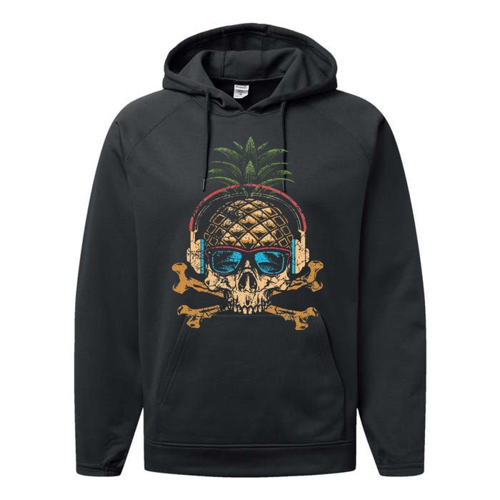 Pineapple DJ Skull Summer Vibes Gamer Hawaiian Sunglasses Performance Fleece Hoodie