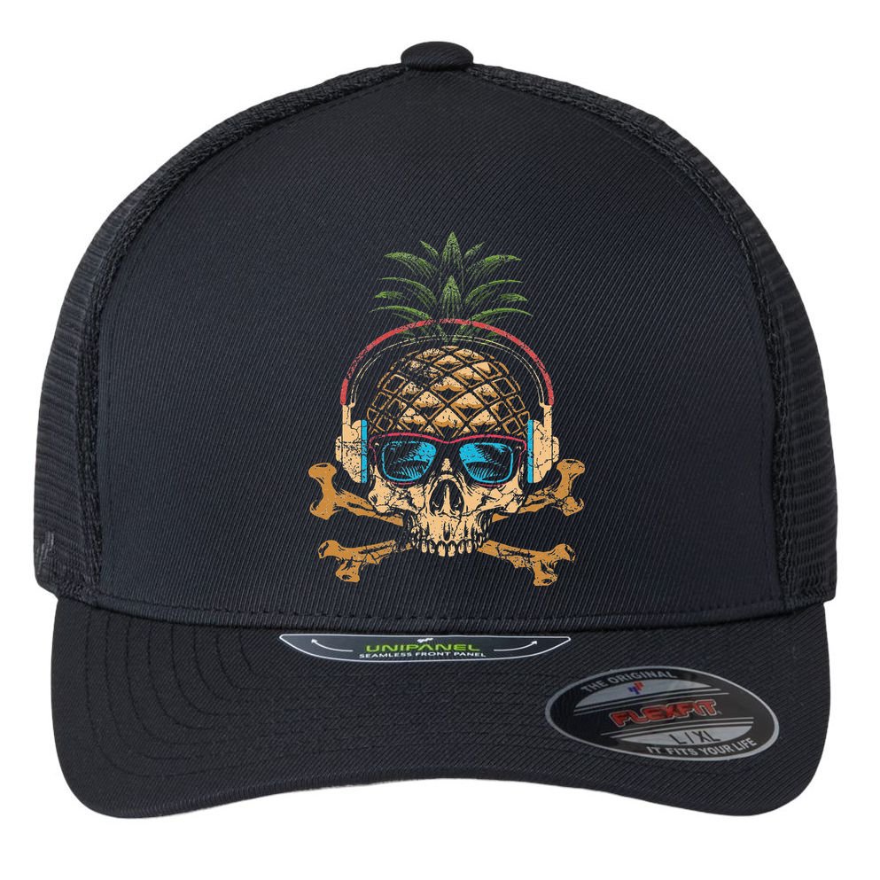 Pineapple DJ Skull Summer Vibes Gamer Hawaiian Sunglasses Flexfit Unipanel Trucker Cap