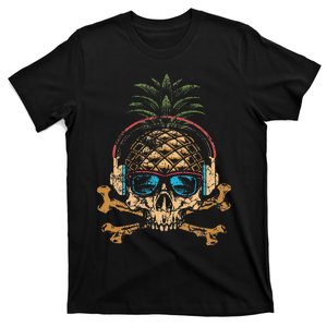 Pineapple DJ Skull Summer Vibes Gamer Hawaiian Sunglasses T-Shirt