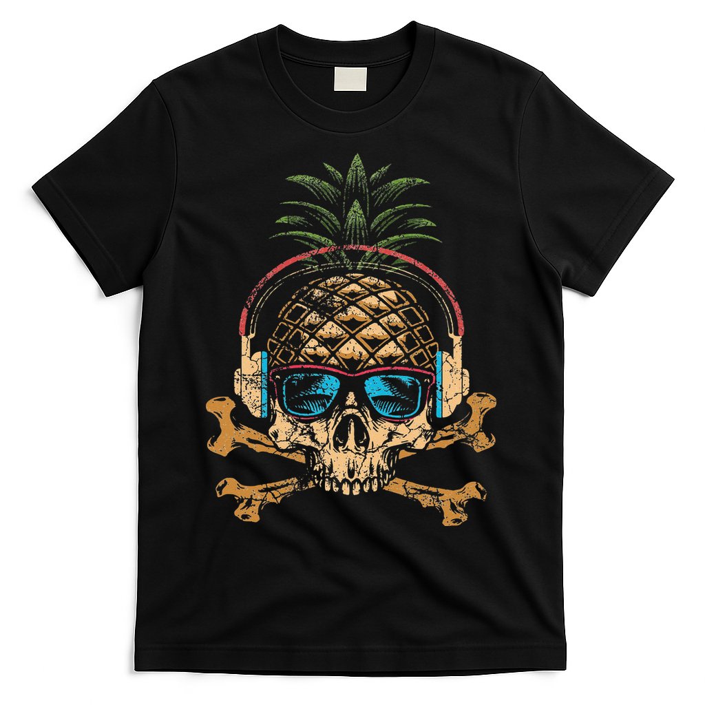 Pineapple DJ Skull Summer Vibes Gamer Hawaiian Sunglasses T-Shirt