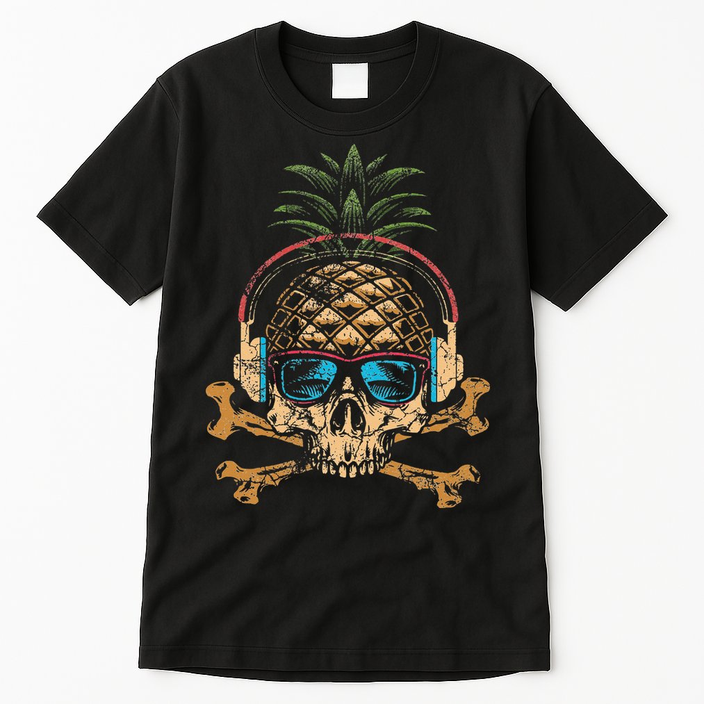 Pineapple DJ Skull Summer Vibes Gamer Hawaiian Sunglasses Tall T-Shirt