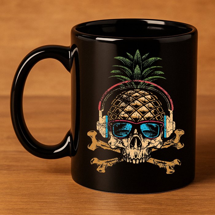 Pineapple DJ Skull Summer Vibes Gamer Hawaiian Sunglasses 11oz C Handle Ceramic Mug