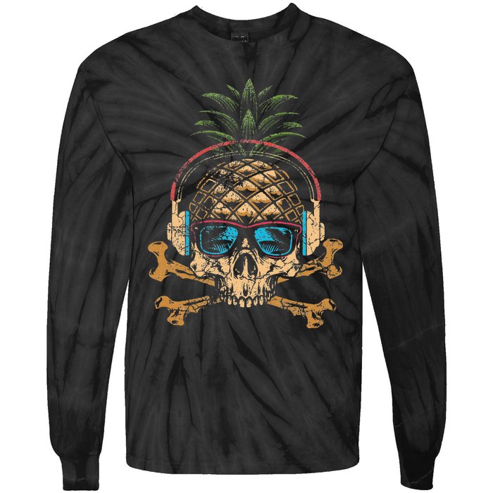 Pineapple DJ Skull Summer Vibes Gamer Hawaiian Sunglasses Tie-Dye Long Sleeve Shirt