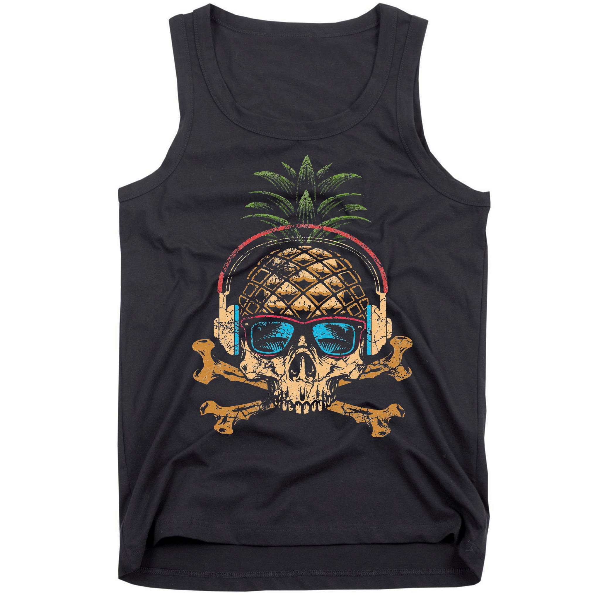 Pineapple DJ Skull Summer Vibes Gamer Hawaiian Sunglasses Tank Top