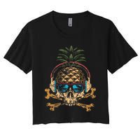 Pineapple DJ Skull Summer Vibes Gamer Hawaiian Sunglasses Women's Crop Top Tee