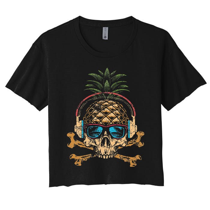 Pineapple DJ Skull Summer Vibes Gamer Hawaiian Sunglasses Women's Crop Top Tee