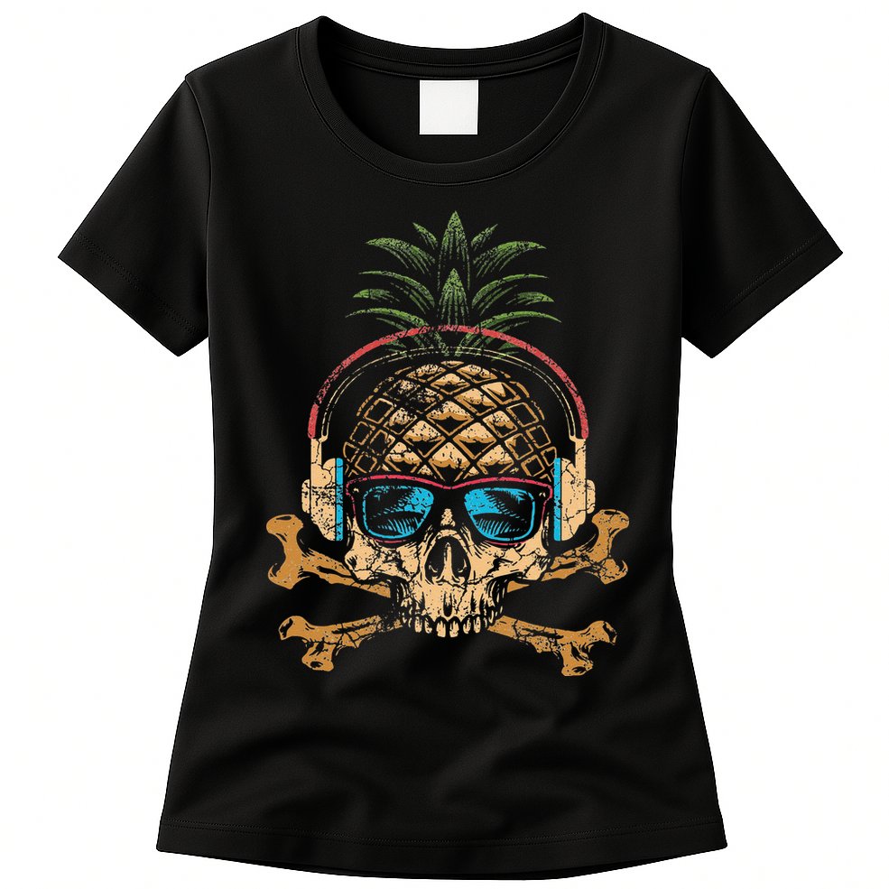 Pineapple DJ Skull Summer Vibes Gamer Hawaiian Sunglasses Womens T-Shirt