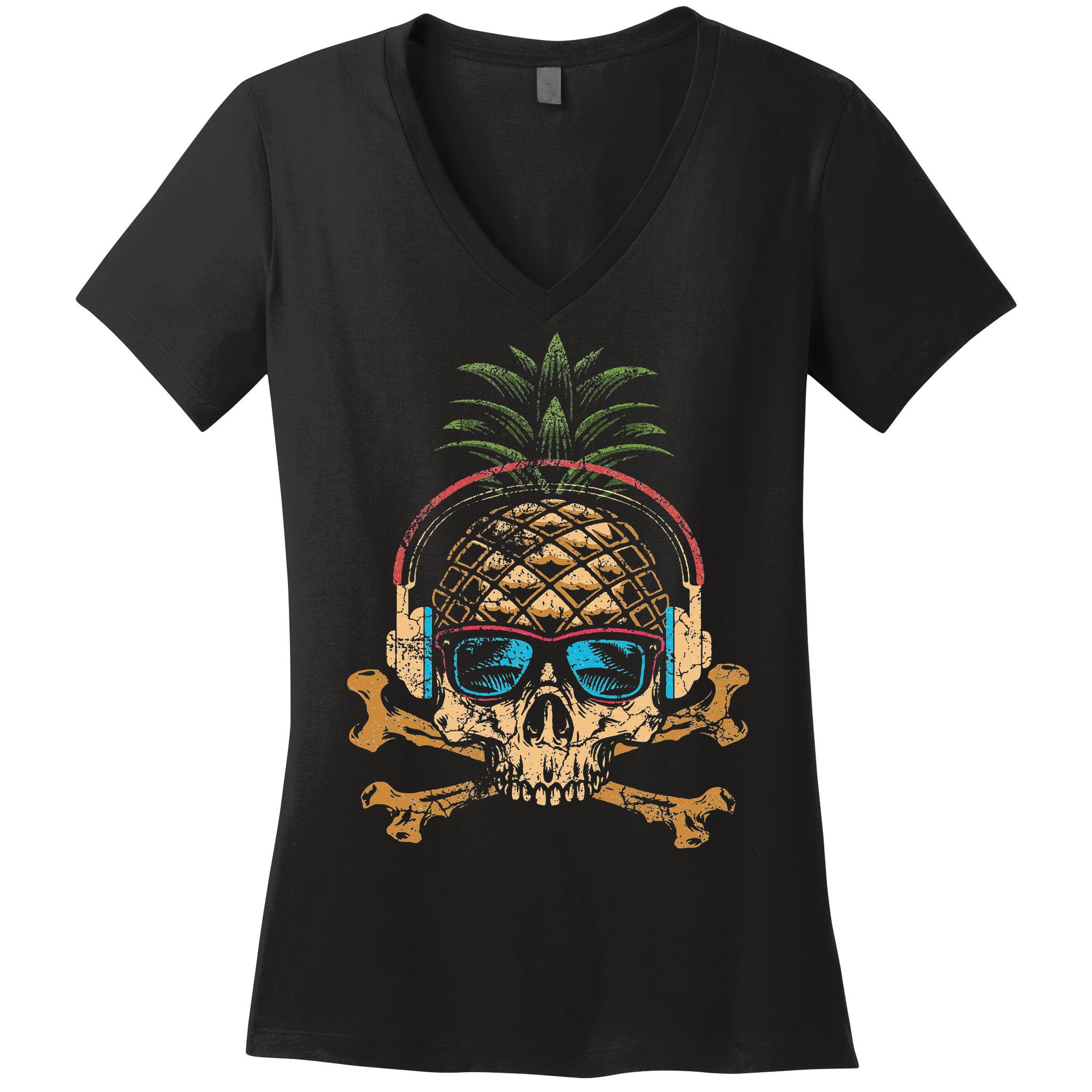 Pineapple DJ Skull Summer Vibes Gamer Hawaiian Sunglasses Women's V-Neck T-Shirt