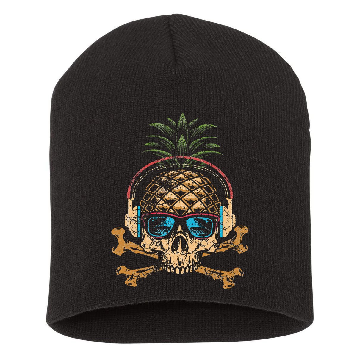 Pineapple DJ Skull Summer Vibes Gamer Hawaiian Sunglasses Short Acrylic Beanie