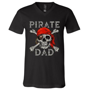 Pirate Dad Shirt Jolly Roger Skull & Crossbones Flag V-Neck T-Shirt