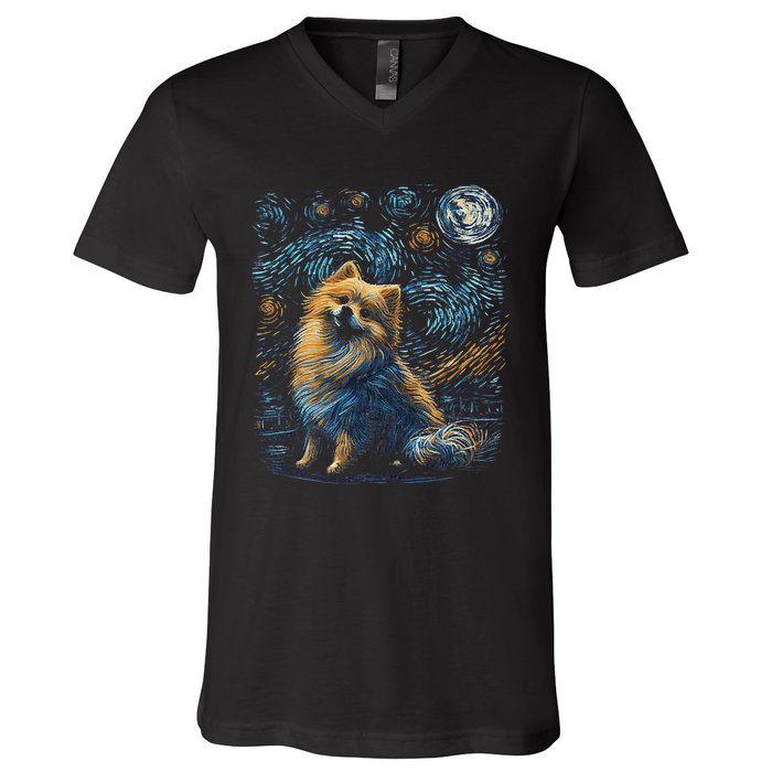 Pomeranian Dog Starry Night Dogs Lover Gifts Graphic V-Neck T-Shirt