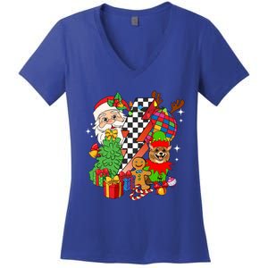 Pomeranian Dog Santa Claus Christmas Retro Pomeranian Xmas Gift Women's V-Neck T-Shirt