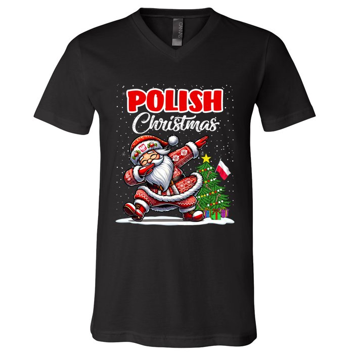 Poland Dabbing Santa Christmas Poland Flag V-Neck T-Shirt