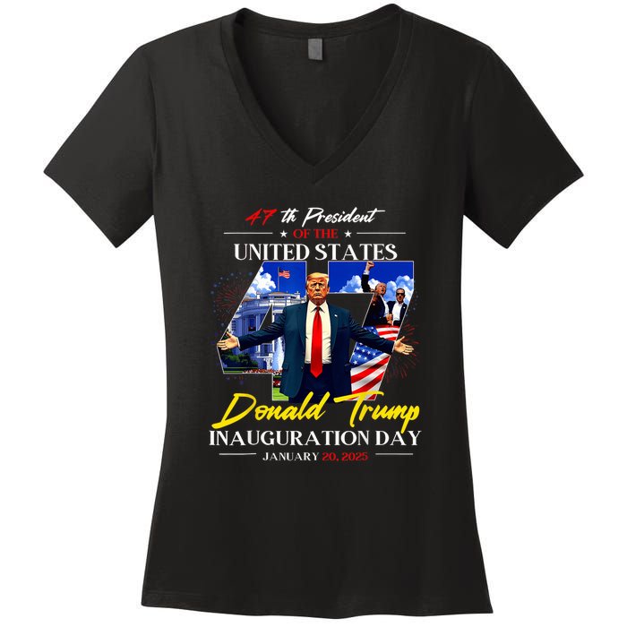 President Donald Trump Inauguration Day 2025 47th Usa Flag Women's V-Neck T-Shirt