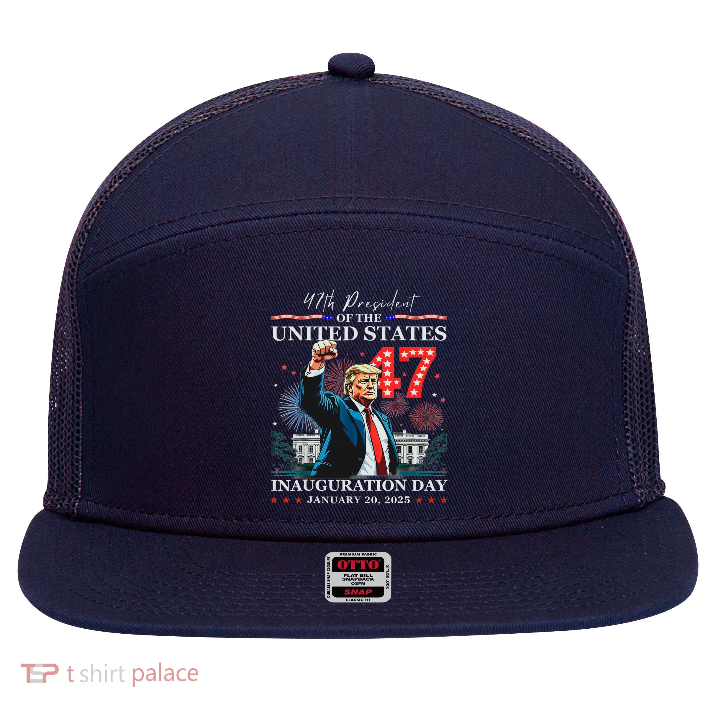 President Donald Trump 47th Inauguration Day January 20 2025 7 Panel Mesh Trucker Snapback Hat