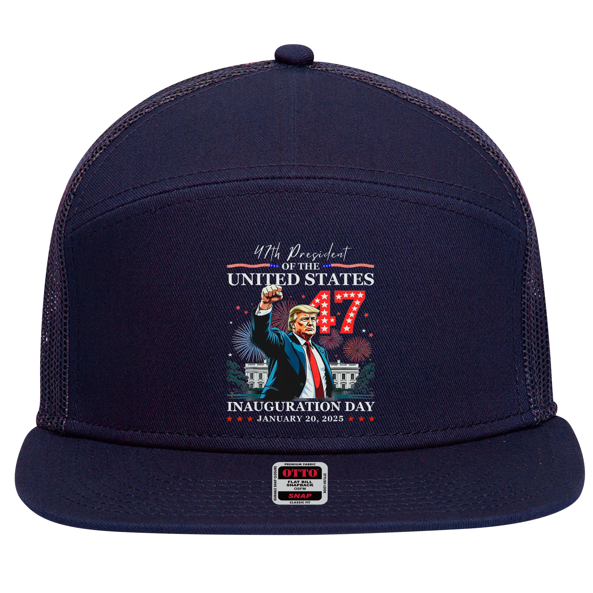 President Donald Trump 47th Inauguration Day January 20 2025 7 Panel Mesh Trucker Snapback Hat