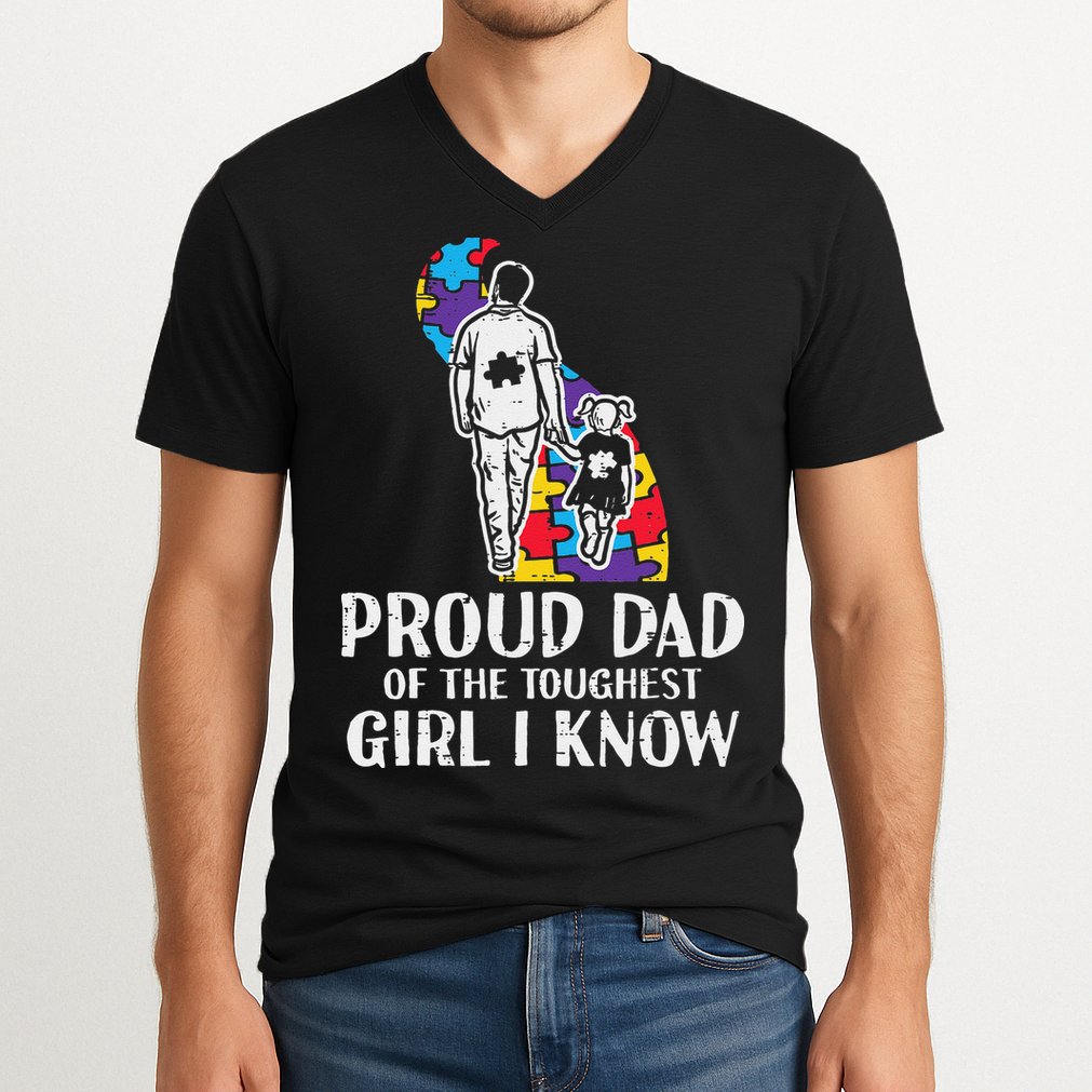 Proud Dad Toughest Autism Awareness Daddy Papa V-Neck T-Shirt